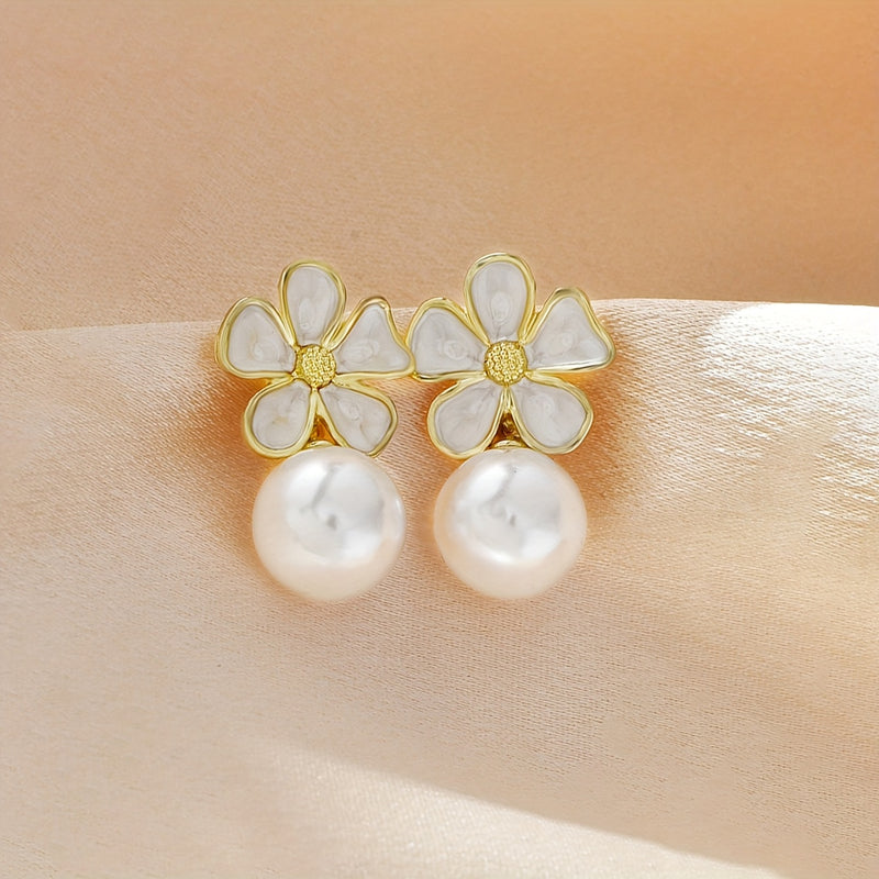 [NEW]A Pair of 2pcs, White Oil Drop Flower Round Bead Earrings, High-Quality Jewelry, Upgraded Fashionable Earrings, High-End Decorative Earrings, Suitable for Daily Wear, Wedding Season Accessories, Suitable for Gifts for Gi