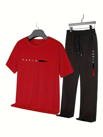 Men'S Casual Sports Two-Piece Set Short Sleeve Top Straight Leg Pants with Paris Print, Fashionable And Trendy, Ideal for Summer, Parties, Casual Outings, And Everyday Wear, Everyday Wear|Short Sleeve Top|Print Trousers