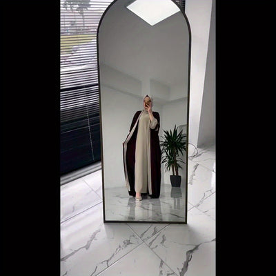 Breathable Light Beige-Friendly Fabric Color-Block Open Front Abaya with Sleeveless Inner Layer - Simple, Elegant, and Versatile Muslim Dress for Women's Daily Wear Parties, Suitable for Birthdays & Gatherings