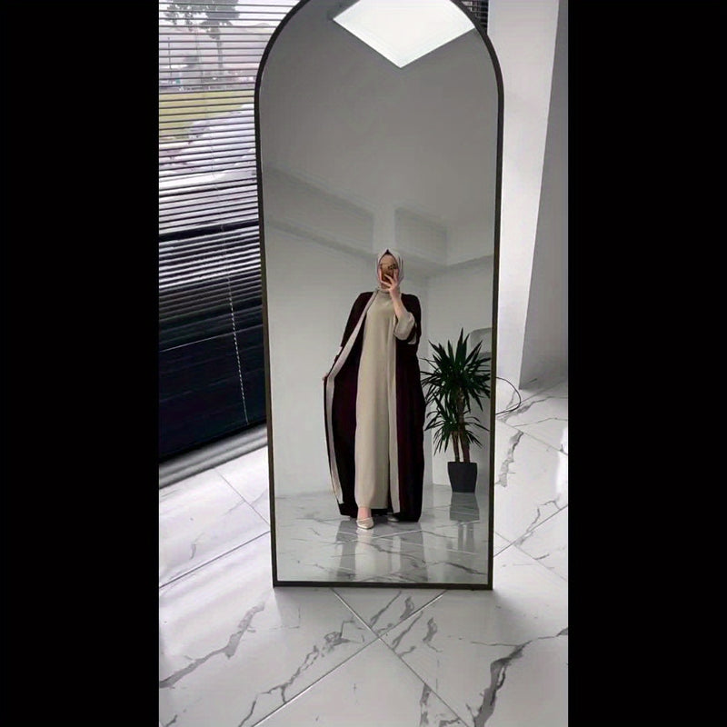 Breathable Light Beige-Friendly Fabric Color-Block Open Front Abaya with Sleeveless Inner Layer - Simple, Elegant, and Versatile Muslim Dress for Women&