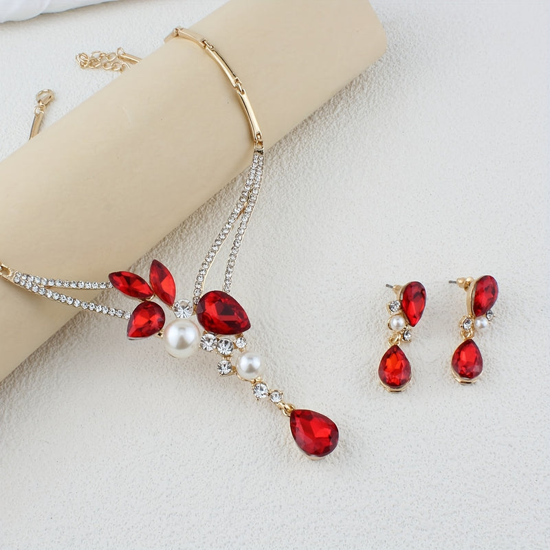 Elegant Golden-Tone Jewelry Set with Red Glass & Rhinestone - Includes Earrings, Necklace, Ring - Zinc Alloy, Sparkling Bridal & Party Accessories, Ideal for Weddings, Mother&
