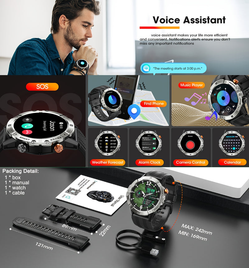 [Smart Watch] 1.52" Synwoo Smart Watch, Touchscreen Outdoor Sports Watch | 410mAh Battery, Pedometer, 100+ Exercise Modes, Camera Control, Weather Forecast, Swimming Mode, Black Strap, Outdoor Fitness Gear