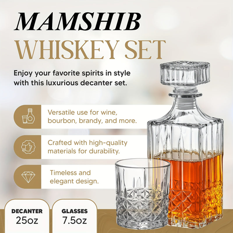 MAMSHIB 3pcs Whiskey Decanter Set 7pcs - Elegant Glass Spirits Carafe with Pour Spout& Stopper - Premium Roostertail& Liquor Decanting Kit for Bourbon, Scotch, Rum - Ultimate Barware Gift Set for Home Bars, Parties, Holidays&