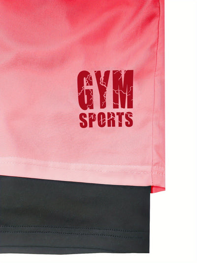 2-in-1 Double Layer Ombre Shorts - High Stretch, Drawstring Waist, Side Pocket, Breathable, Quick-Drying, Comfortable, Mens Sports Shorts for Summer Gym Workout, Training, and Fitness - GYM Pattern Print, Bull Design