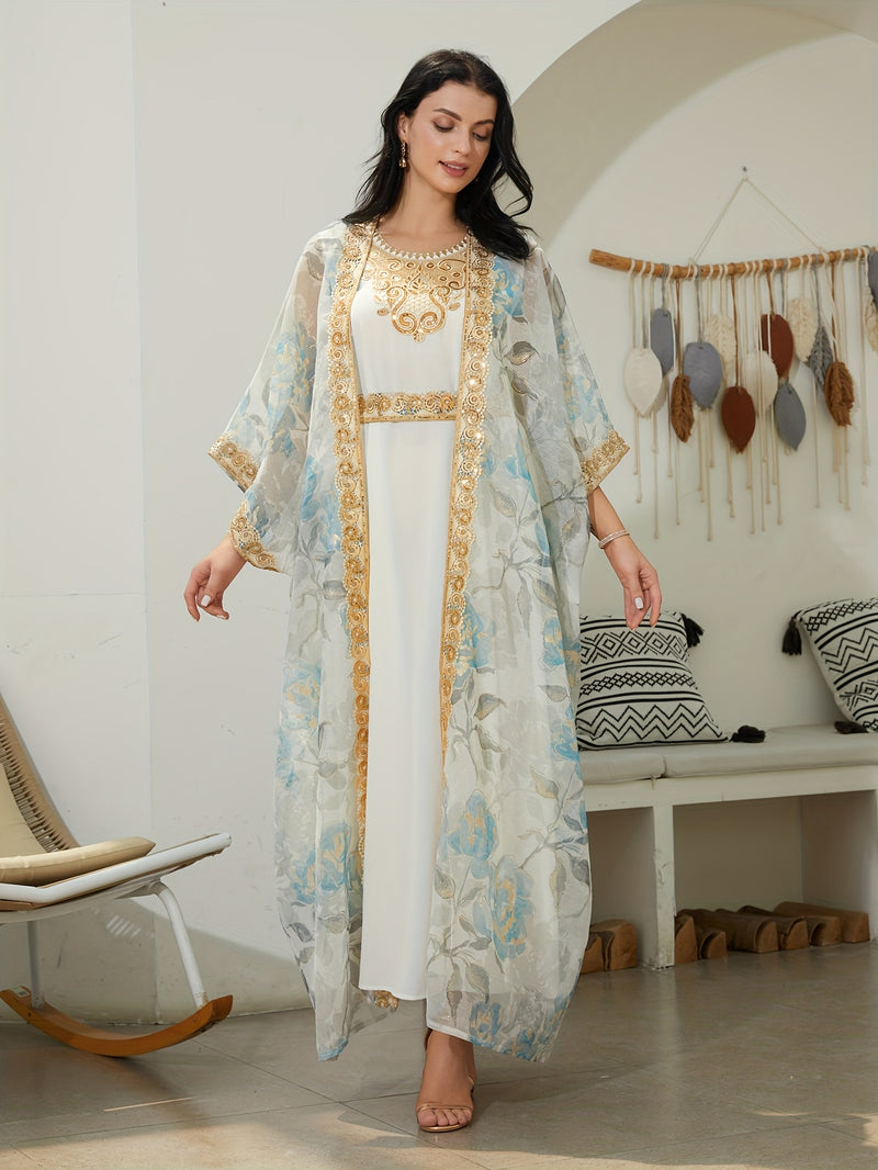Oriental Traditional Style Sequined Lace Two-Piece Mesh Abaya Dress for Women - Long Robe with Veil