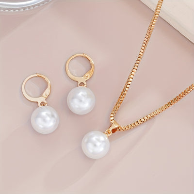 2pcs Imitation Pearl Pendant Earrings + 1pc Imitation Pearl Pendant Necklace, Simple And Holiday Style, Suitable for Girlfriends And Friends to Wear on Dates And Holidays