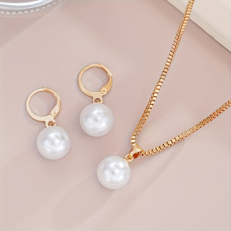 2pcs Imitation Pearl Pendant Earrings + 1pc Imitation Pearl Pendant Necklace, Simple And Holiday Style, Suitable for Girlfriends And Friends to Wear on Dates And Holidays