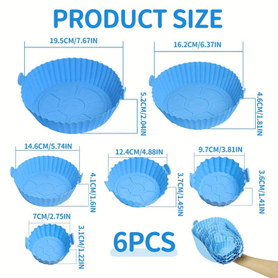 6pcs Silicone Air Fryer Liners - Blue Non-Stick Baking Pans with Scalloped Edges & Perforated Design for Even Heat Distribution, Easy Release, Healthy Oil-Free Cooking - Food-Safe, Reusable, Fits Most Air Fryers, Reusable Kit