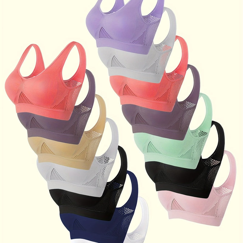 14pcs EssElegance Plus size High Support Wire-Free Sports Bras with Padded & Mesh Panels, Breathable Stretch Fit for Yoga Running Training