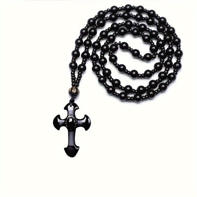 1pc obsidian necklace with a religious cross lucky symbol pendant and paired with a black synthetic Synthetic Gemstone chain, suitable for gifts for men and women.