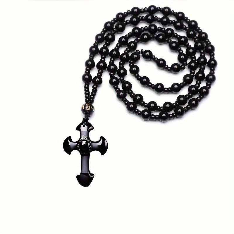 1pc obsidian necklace with a religious cross lucky symbol pendant and paired with a black synthetic Synthetic Gemstone chain, suitable for gifts for men and women.