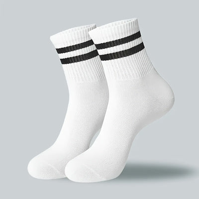 10/20 Dual-Striped Long Socks for Men And Women - Made from Breathable Polyester Knit Fabric, Casual Sports Style, Hand Wash/Dry Clean, Available in Black/White.