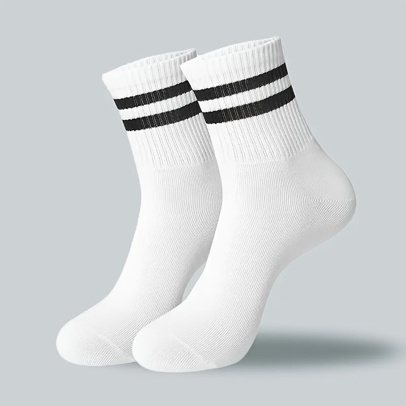 10/20 Dual-Striped Long Socks for Men And Women - Made from Breathable Polyester Knit Fabric, Casual Sports Style, Hand Wash/Dry Clean, Available in Black/White.