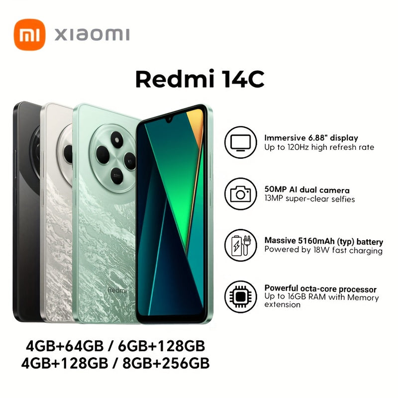 XIAOMI Redmi 14C 120Hz High Refresh Rate, 50MP AI Dual Camera, 1300K HD Main Camera, Large Capacity Battery, 6.88-inch Eye Protection LCD Screen, Side Fingerprint Unlocking, Supports GPS, Not Support NFC Function. No Charger