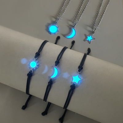 6pcs/Set Glow-in-the-Dark Sun Moon Stars Necklace Handwoven Fashion Cord Set