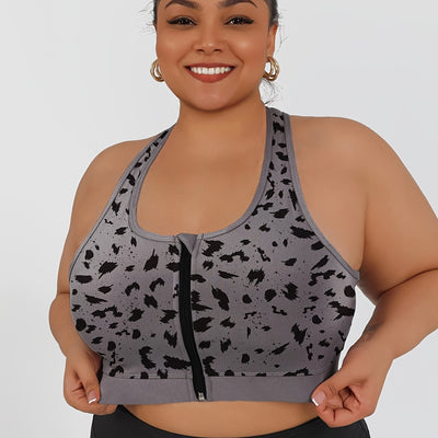 Women's High-Impact Sports Bra with Front Zipper & Removable Pads - Leopard Print Design, High-Elasticity Fabric, Round Neck for Yoga, Running, Gym - Machine Washable, Yoga Accessories, Elegant Sportswear, Durable Sportswear