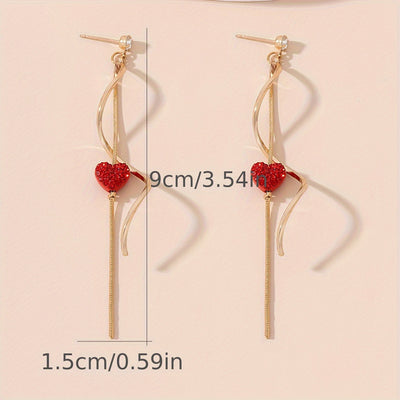 Pair of Women's S-Shaped Long Tassel Earrings, Heart-Shaped Holiday Gift Casual Attire Drop Earrings