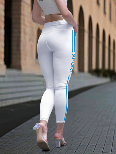 Plus Size High-Waisted Women's Leggings, Stretchy Tummy Control Yoga Pants With Side Stripe Print For Running Fitness Outdoor Sports Fashion