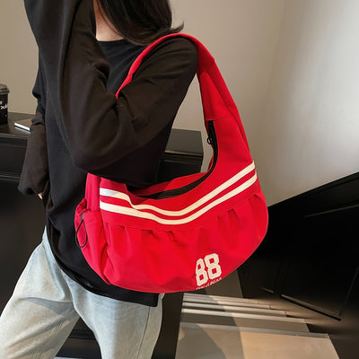 Stylish Women's Large Capacity Nylon Shoulder Bag - Casual Underarm Sports Backpack with "8B" Design, Zipper Closure, and Multiple Compartments for Work, Shopping, Travel, and Daily Use (Red/White/Black), Stylish Embroidery,