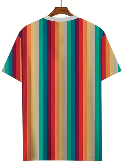 1pc Men'S Casual Crew Neck T-Shirt, Geometric Striped Print, Breathable Polyester Knit Fabric, Short Sleeve Sports Tee for Spring/Summer, Street Fashion Style