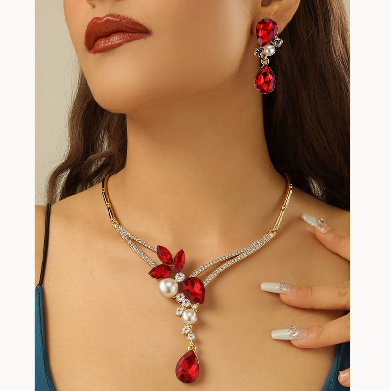 Elegant Golden-Tone Jewelry Set with Red Glass & Rhinestone - Includes Earrings, Necklace, Ring - Zinc Alloy, Sparkling Bridal & Party Accessories, Ideal for Weddings, Mother&