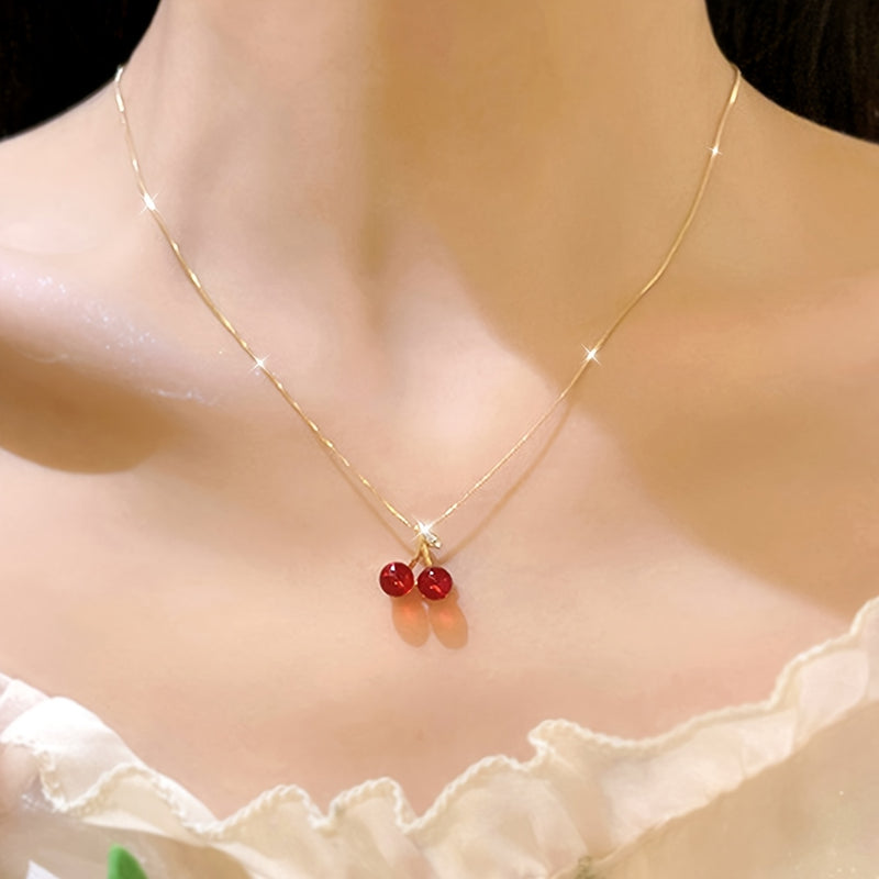 NEW 3pcs set, red cherry fruit earrings and necklace, high-quality jewelry, upgraded cute earrings and necklace, premium decorative earrings, suitable for daily wear, wedding season accessory, perfect gift for best friends, c