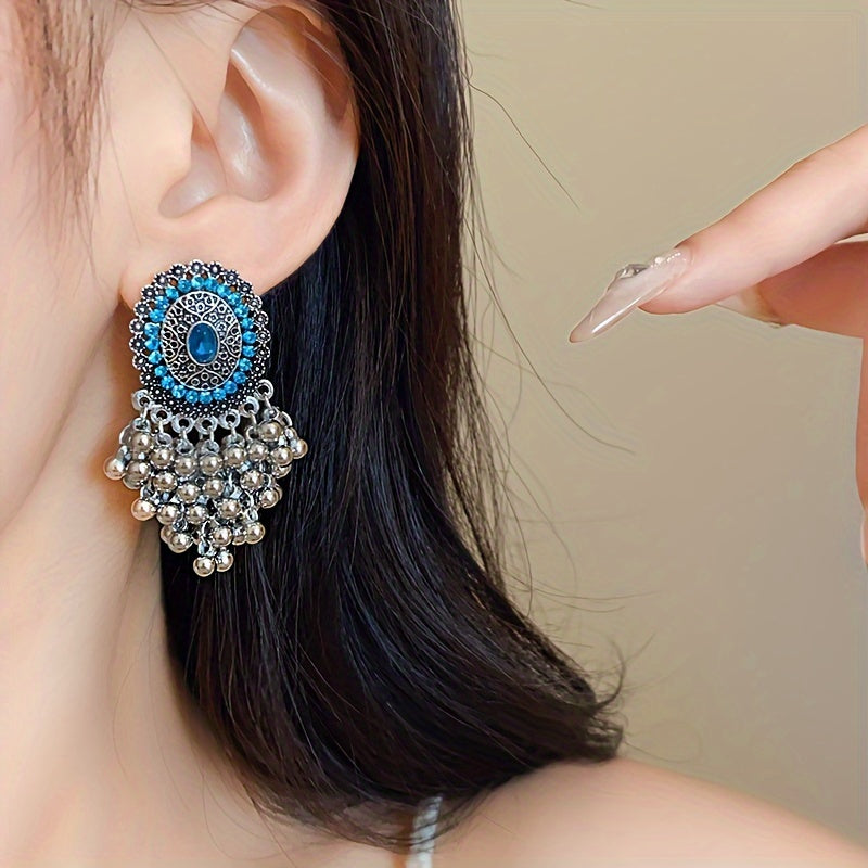 Elegant Court-Style Rhinestone Tassel Earrings - Stainless Steel Posts, Alloy with Sparkling Gems for Parties & Banquets