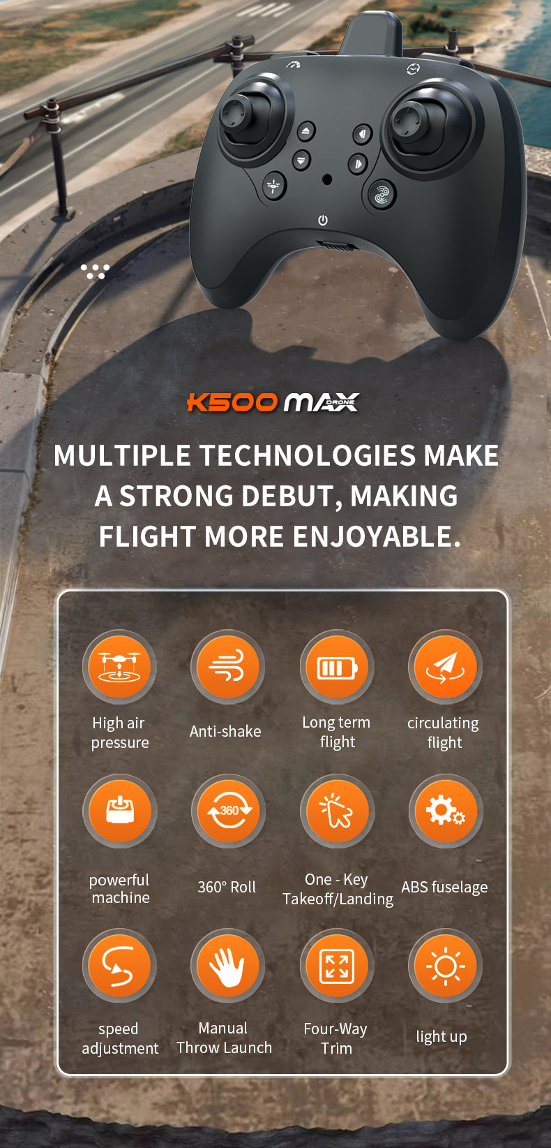 K500MAX RC Drone with 360° Flips, Throw Start, Altitude Hold, One-Key Speed Switch, Crash Resistant Design, RGB Lights, Headless Mode, 6-8 Minute Battery Life, 3m/s Max Speed, Usb Charging, Outdoor Flying, Stunt Enthusiasts,