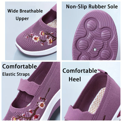 Women's Flower Print Knitted Flats, Breathable Slip On Outdoor Shoes, Comfortable Low Top Shoes