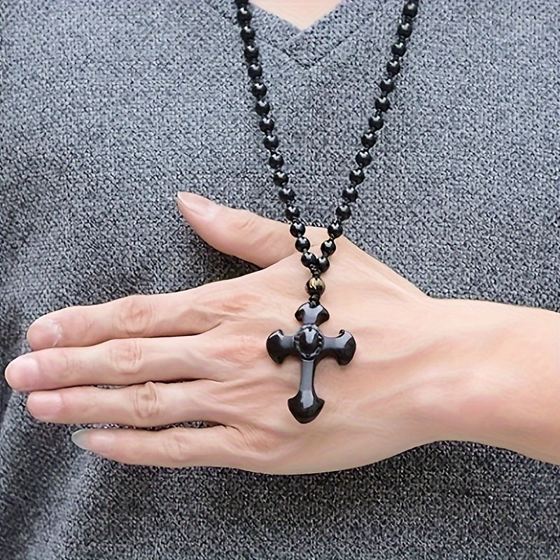 1pc obsidian necklace with a religious cross lucky symbol pendant and paired with a black synthetic Synthetic Gemstone chain, suitable for gifts for men and women.