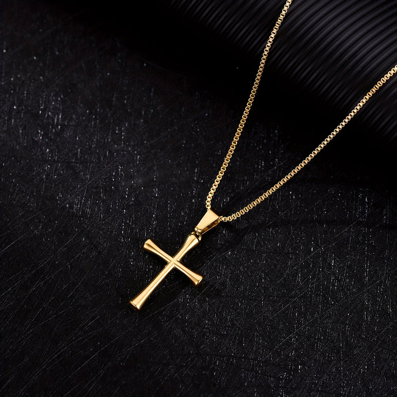 Luxury Minimalist Stainless Steel Cross Pendant Necklace - Adjustable Box Chain, Polished Golden Finish, Unisex Jewelry for Casual Attire & Christmas Gifts, Christmas Necklace, Elegant Accessory, Quality Craftsmanship