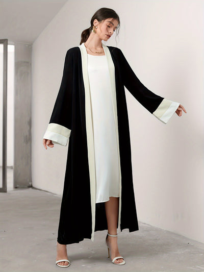 Cozy Comfort, Elegant Black and Cream Long Robe with Ruffle Sleeves - Polyester, Machine Washable, Casual Style for Women - Perfect for Spring/Summer/Fall