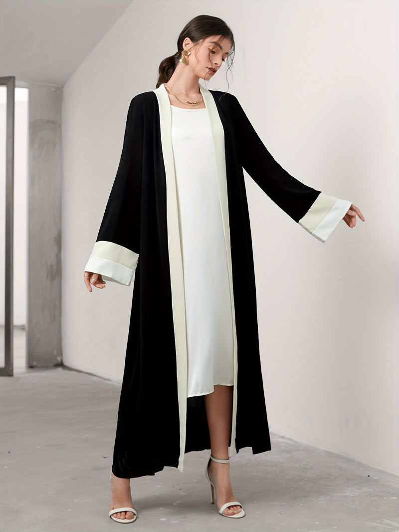 Cozy Comfort, Elegant Black and Cream Long Robe with Ruffle Sleeves - Polyester, Machine Washable, Casual Style for Women - Perfect for Spring/Summer/Fall