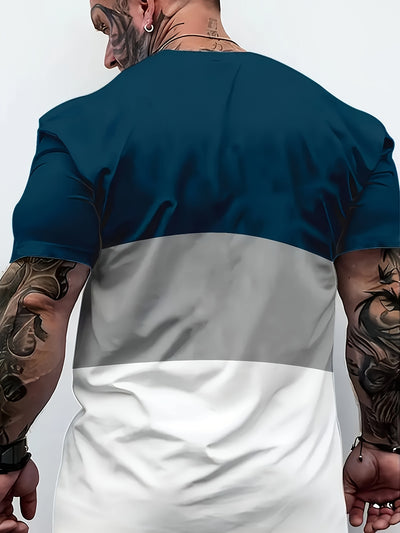 1pc Men'S Casual Crew Neck T-Shirt, Geometric Striped Print, Breathable Polyester Knit Fabric, Short Sleeve Sports Tee for Spring/Summer, Street Fashion Style