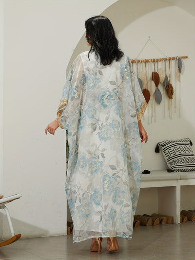 Oriental Traditional Style Sequined Lace Two-Piece Mesh Abaya Dress for Women - Long Robe with Veil