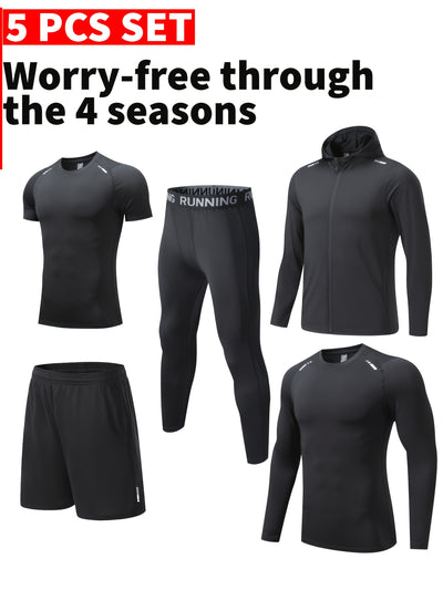 5pcs Men's Sports Set: Quick-Dry Breathable Running Jacket + Compression Long Sleeve Top, Short-Sleeved Shirt & Tight-Fitting Pants with Matching Joggers for All-Season Fitness Training and Ball Games, Jogging Suits for Men,