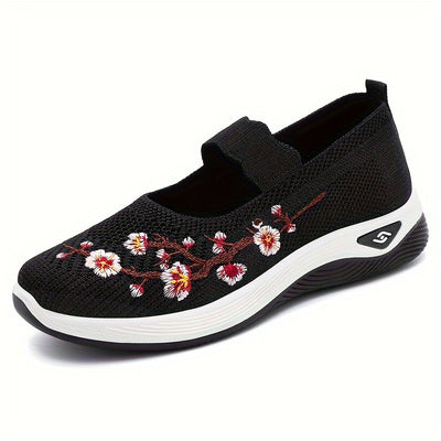 Women's Flower Print Knitted Flats, Breathable Slip On Outdoor Shoes, Comfortable Low Top Shoes