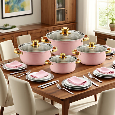 18pcs Pink Stainless Steel Cookware Set with Non-Stick Pans & Lids - Induction Compatible, Stackable Space-Saving Design, Golden-Toned Black Lids & Black Utensil-Friendly Sides, Heat-Resistant Durable 410 Stainless Steel Cons