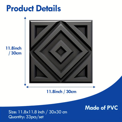 33pcs 3D Diamond Illusion Wall Panels, PVC Material, 29.97cm x 29.97cm, Black & White Geometric Design for Modern Living Room, Bedroom, Kitchen, and TV Wall Accents, Room Decor