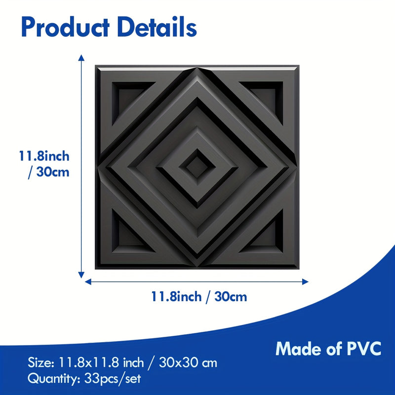33pcs 3D Diamond Illusion Wall Panels, PVC Material, 29.97cm x 29.97cm, Black & White Geometric Design for Modern Living Room, Bedroom, Kitchen, and TV Wall Accents, Room Decor
