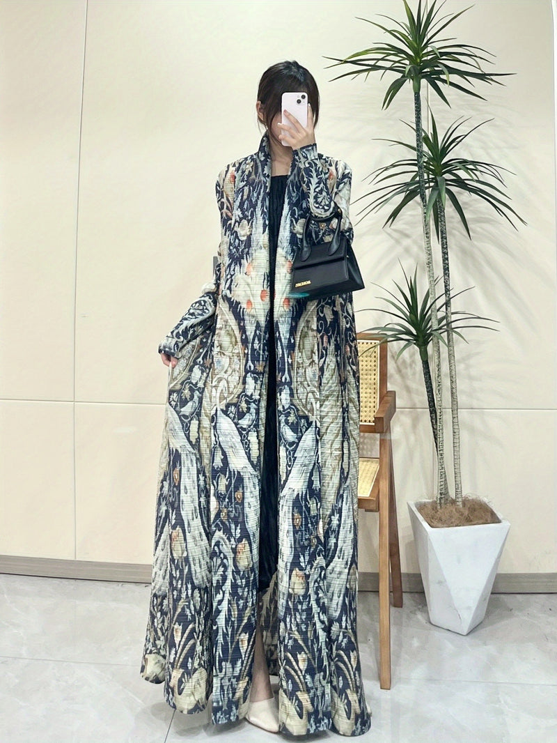 Exclusive Summer New Collection for Eid Al-Fitr 2025, Featuring a Pleated Miyake-Style Coat Cape with Prints, High Elasticity, Ultra-Long Middle Eastern Style Abaya Robe, Suitable for All Seasons. This Versatile Women&