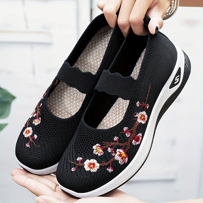 Women's Flower Print Knitted Flats, Breathable Slip On Outdoor Shoes, Comfortable Low Top Shoes