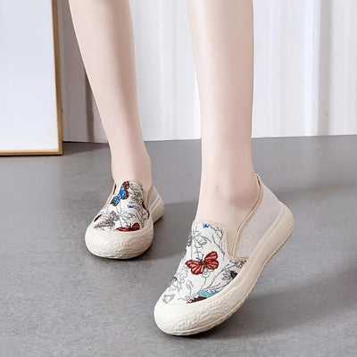 Women's Butterfly Pattern Sneakers, Casual Slip On Outdoor Shoes, Lightweight Low Top Shoes
