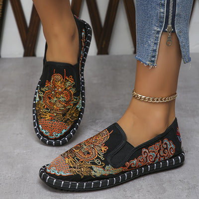 Women's Loong Embroidered Flat Shoes, Casual Slip On Outdoor Shoes, Comfortable Low Top Shoes