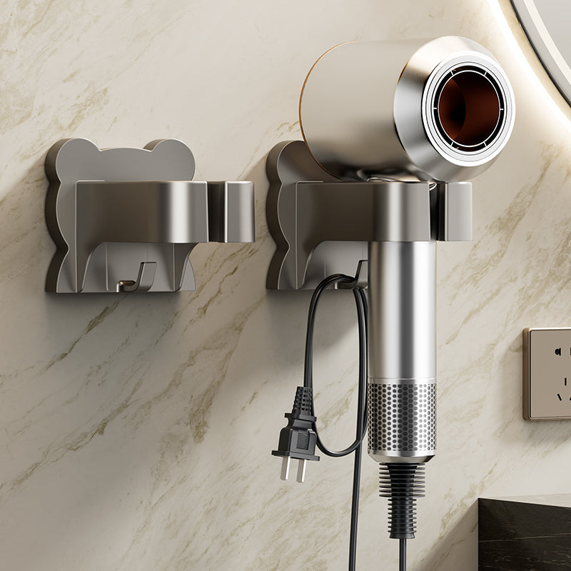 Space-Saving Wall-Mounted Hair Dryer Holder - No Drilling Required, Easy Installation, Compatible with Various Hair Dryer Models for Home & Bathroom Organization, Sleek Black Design with Metallic Accents, Durable Plastic Cons