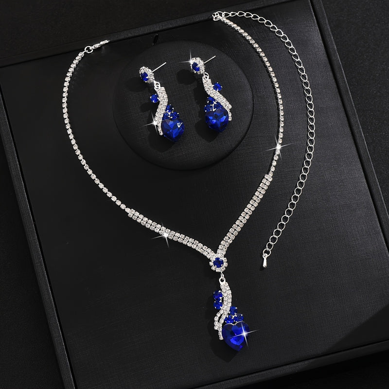One Necklace + One Pair of Earrings Two-Piece Set Love Heart Necklace and Earrings Wedding Jewelry Suitable for Dress Banquet Wear