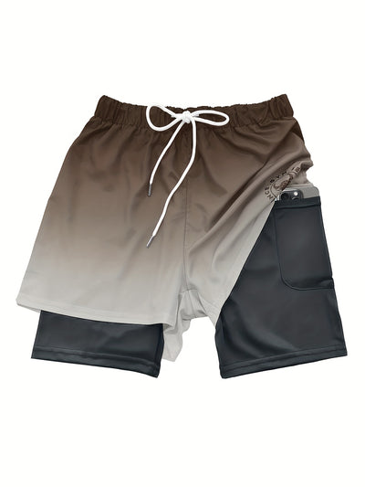 2-in-1 Double Layer Ombre Shorts - High Stretch, Drawstring Waist, Side Pocket, Breathable, Quick-Drying, Comfortable, Mens Sports Shorts for Summer Gym Workout, Training, and Fitness - GYM Pattern Print, Bull Design