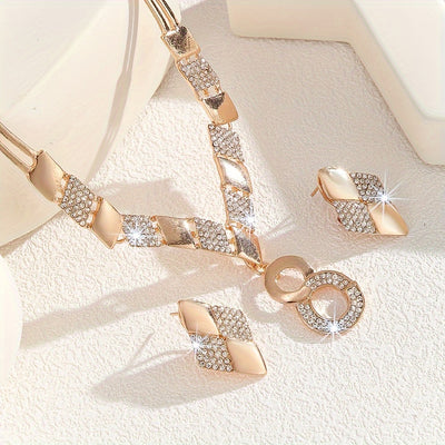 3pcs Golden-Plated Luxury Jewelry Set with Rhinestones - Alloy Vacation Style, Perfect for Weddings and Valentine's Day Gifts - Necklace & Earrings