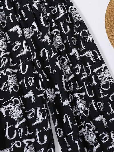 بنطلون نسائي فضفاض واسع الساق مطبوع، بنطلون كاجوال مريح ورائع