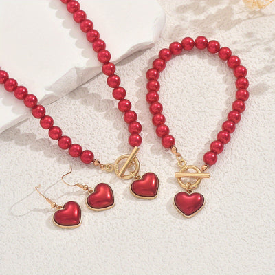 Vintage Red Bead Love Set Necklace, Bracelet and Earrings, Court Style Sweet Jewelry Three-Piece Set
